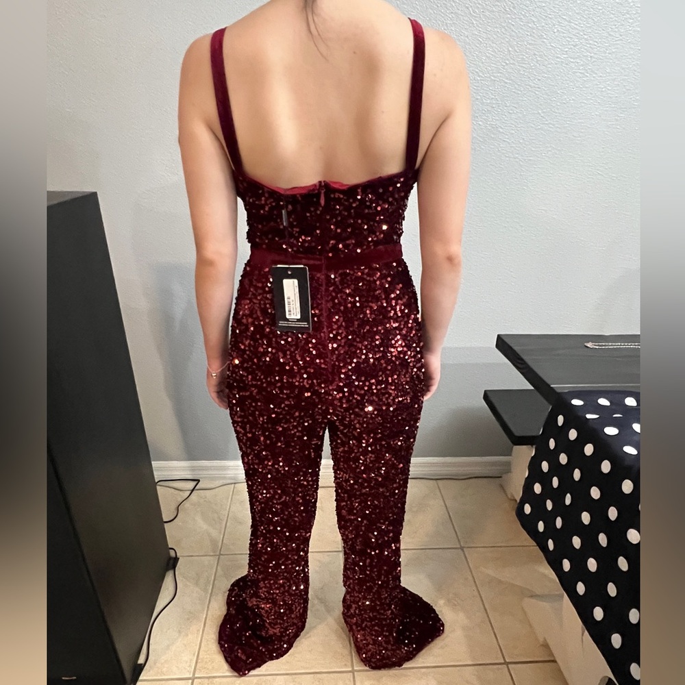 NWT Fully Sequined with velvet accents Red/Burgundy jumpsuit - Picture 2 of 8
